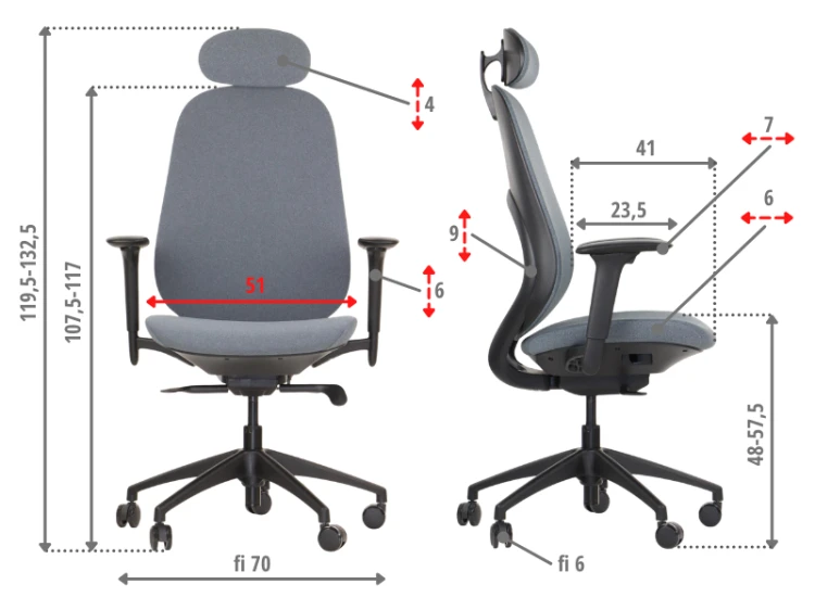 Fotel ergonomiczny LARSTON szary z wysuw siedziska z zagłówkiem BHP