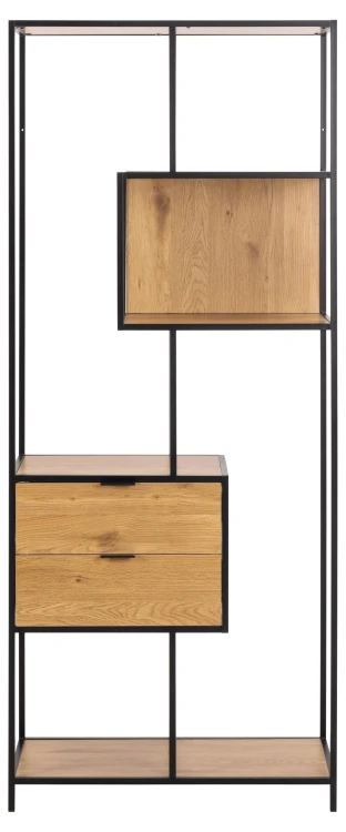 Regał Seaford 77x35x185 cm – 4 półki, 2 szuflady, czarny/dąb