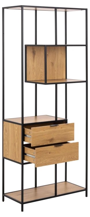 Regał Seaford 77x35x185 cm – 4 półki, 2 szuflady, czarny/dąb