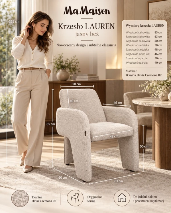 Krzesło tapicerowane LAUREN jasnobeżowe z podłokietnikami (1).png