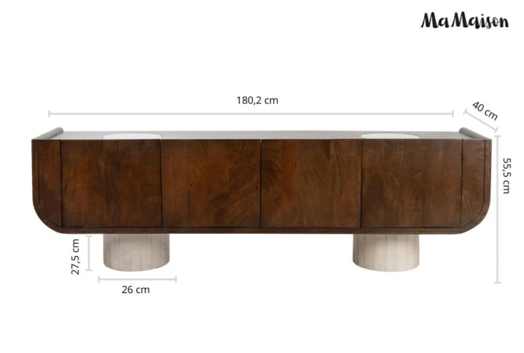Szafka RTV PAGODA 180 cm brązowa z drewna mango i marmuru
